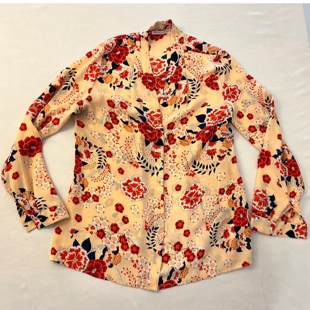 Violet + Claire Peach Floral Chiffon Split Neck Long Sleeve Blouse RN 79508